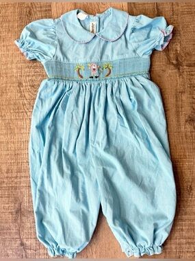 Amanda Remembered Light Blue Smocked Puff-Sleeve Kids Romper
